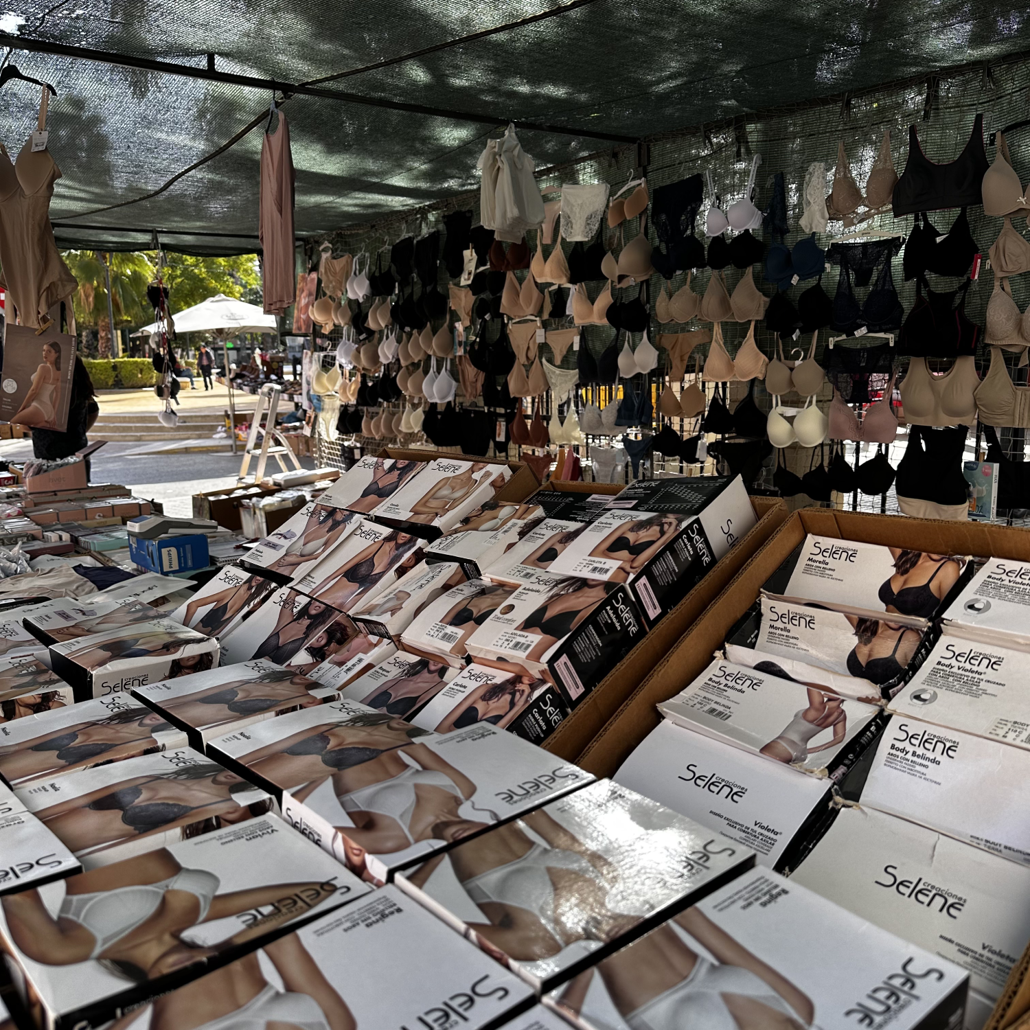 Puesto de Raquel con amplio surtido de sujetadores en el mercadillo de Aspe y Novelda